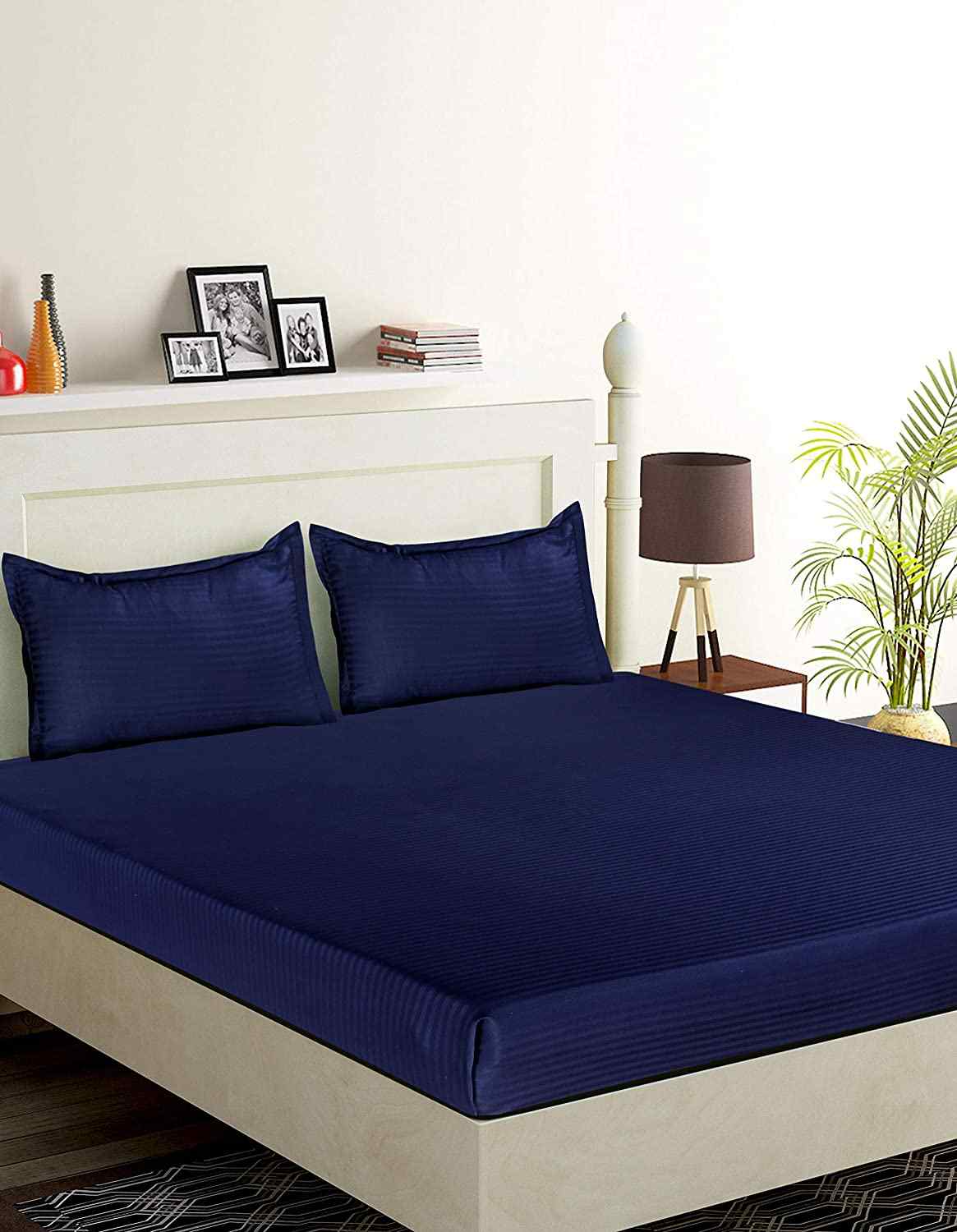 RdTrend 100 % Cotton 210 TC Fitted Double Bedsheets with 2 Pillow Covers-(Navy Blue) R-1640