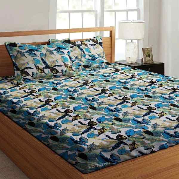 RdTrend 100% Cotton 300TC Elastic Fitted Double Bedsheet With 2 Pillow Covers-Blue Leaf R-1691