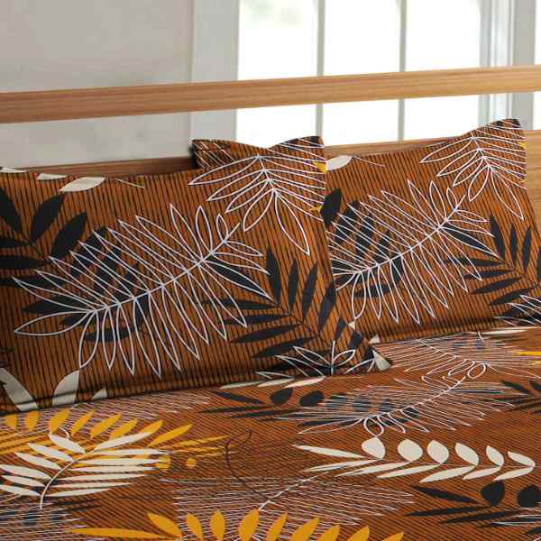 RdTrend 100% Cotton 300TC Elastic Fitted Double Bedsheet with 2 Pillow Covers-Brown Leaf R-1696