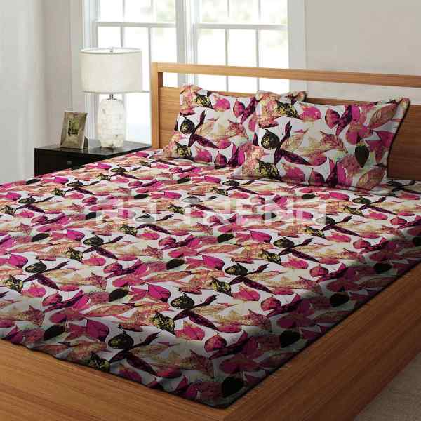 RdTrend 100% Cotton 300TC Elastic Fitted Double Bedsheet With 2 Pillow Covers-Pink Flower R-1697