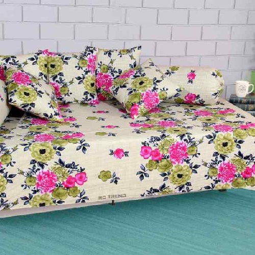 RdTrend 300 TC 100% Cotton Printed Diwan (Set of 8 Pieces)1 Single bedsheet 5 Cushion Cover and 2 Bolster Cover R-2300