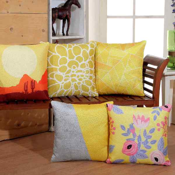 RdTrend 3D Printed Jute Cushion Covers Set of 5-16 x 16 inch (Yellow) R-877
