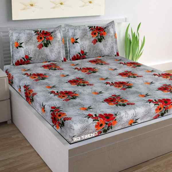 RdTrend Glace Cotton 210 TC Elastic Fitted Double Bedsheet With 2 Pillow Covers-Red Leafy R-1682