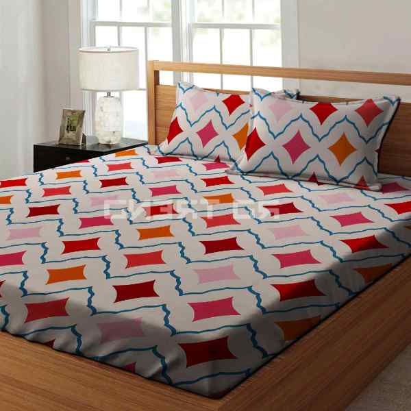 RdTrend Glace Cotton Elastic Fitted Double Bedsheet With 2 Pillow Covers, Multi Color R-1628
