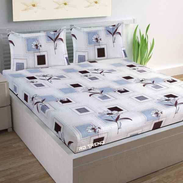 RdTrend Glace Cotton 210 TC Elastic Fitted Double Bedsheet With 2 Pillow Covers-White R-1684