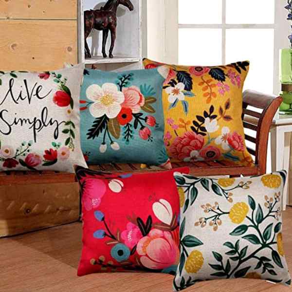 RdTrend Set of 5 Designer Decorative Hand Made Jute Throw Pillow/Cushion Covers - Floral (16 inch by 16 inch) R-843