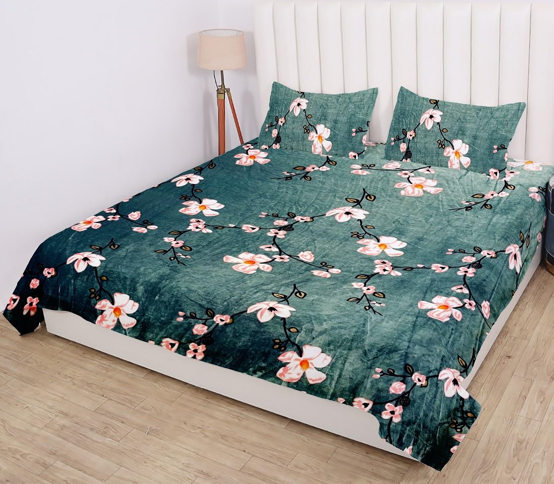Winter Warm King Size Flat Double Bedsheet With 2 Pillow Cover (Green)