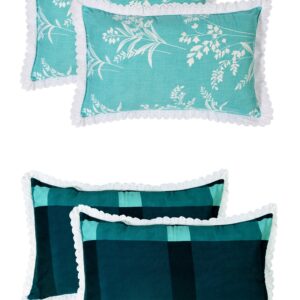 RD TREND Pillow Cover Glace Cotton 210 TC With Aesthetic Lace Pillow Cover Set of 2 Size-18/28 Inchs(45/70 CM),,Color- Aqua,Green Check