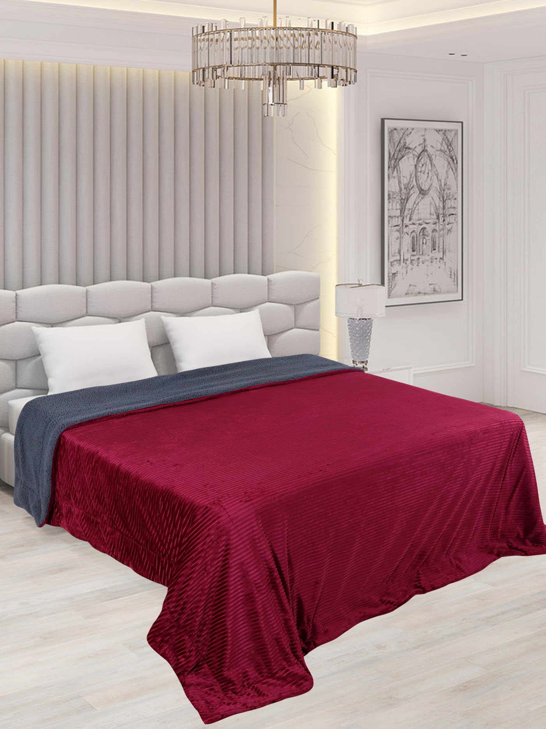 RD TREND Premium Blanket Double Bed/Mild Winter Sherpa Blanket Super Soft Stripe Flannel for Bed, Sofa, Couch, Camping and Travel (Maroon)