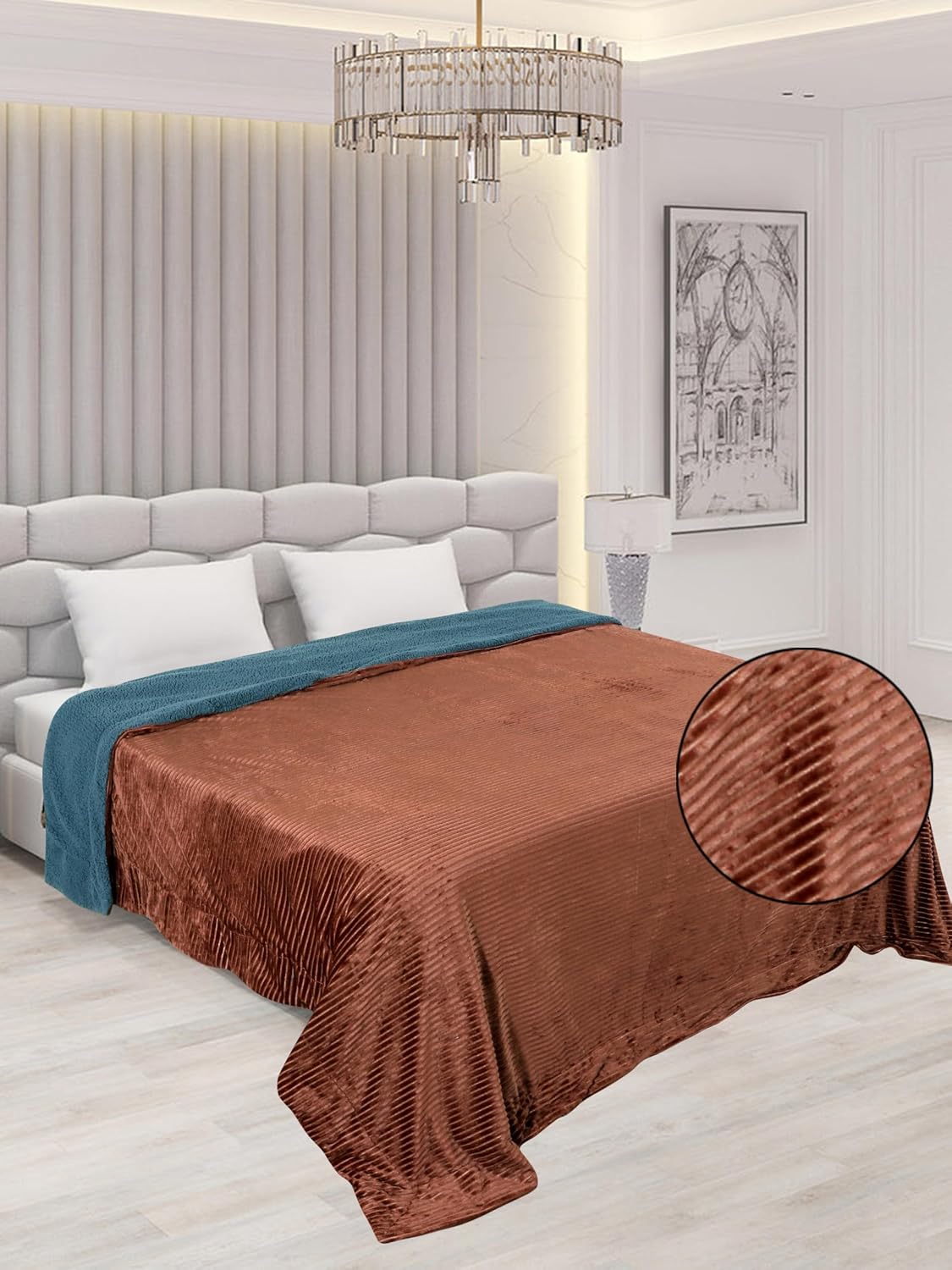 RD TREND Premium Blanket Double Bed/Mild Winter Sherpa Blanket Super Soft Stripe Flannel for Bed, Sofa, Couch, Camping and Travel (Brown)