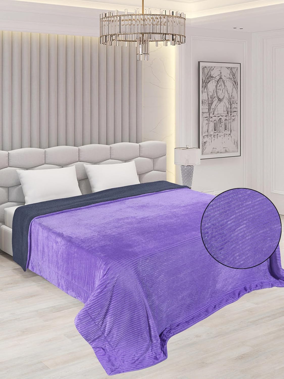 RD TREND Premium Blanket Double Bed/Mild Winter Sherpa Blanket Super Soft Stripe Flannel for Bed, Sofa, Couch, Camping and Travel (Lavender )