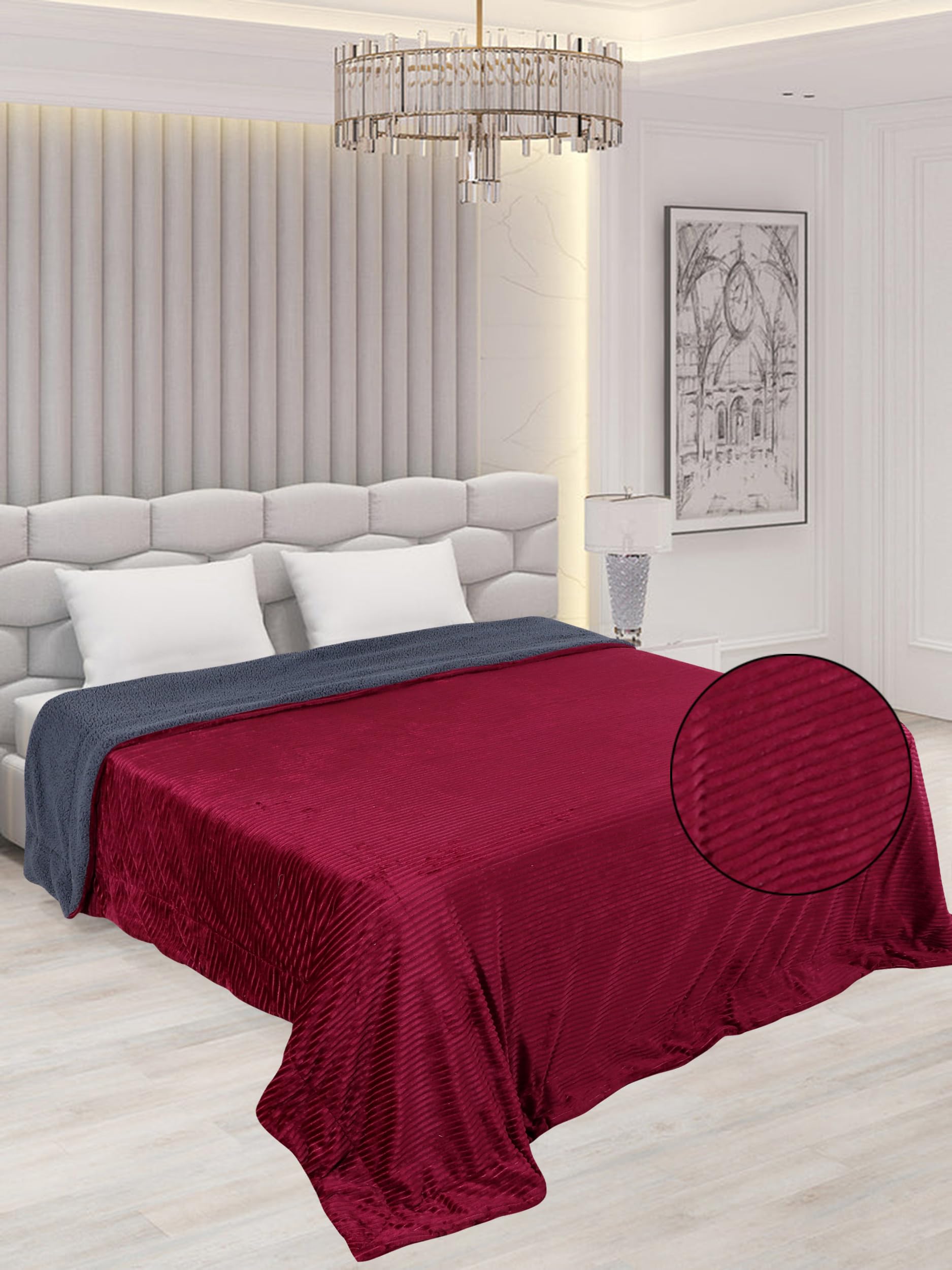 RD TREND Premium Blanket Double Bed/Mild Winter Sherpa Blanket Super Soft Stripe Flannel for Bed, Sofa, Couch, Camping and Travel (Maroon)