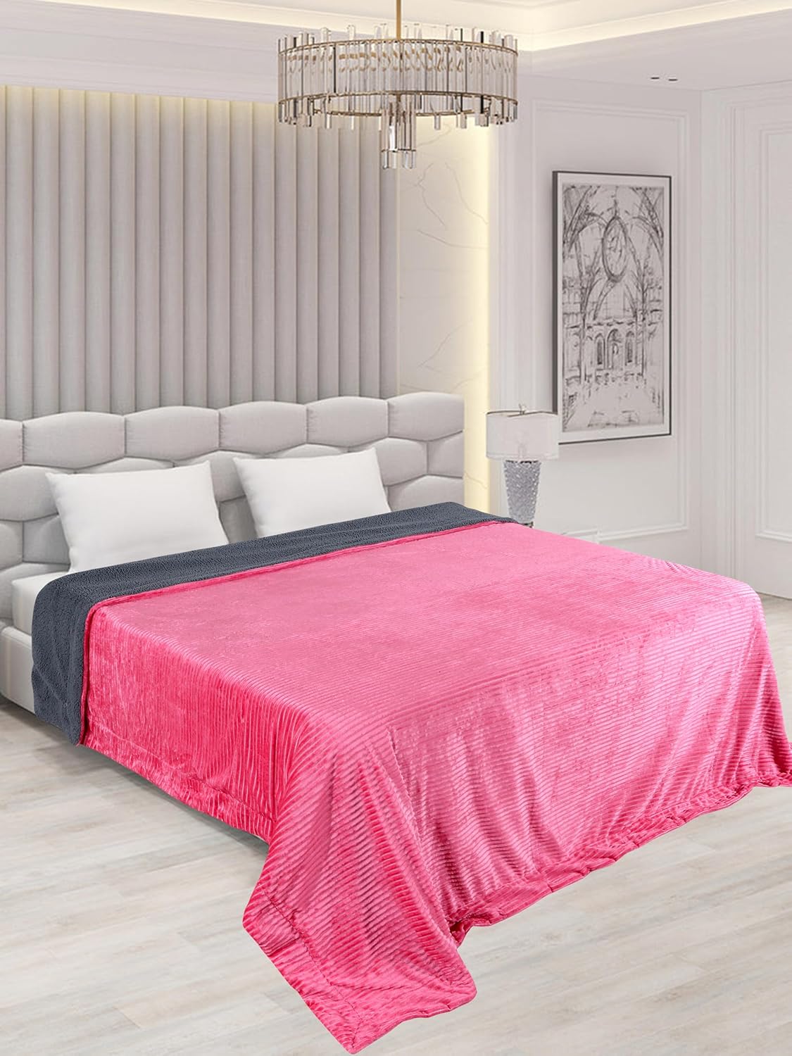 RD TREND Premium Blanket Double Bed/Mild Winter Sherpa Blanket Super Soft Stripe Flannel for Bed, Sofa, Couch, Camping and Travel (Selmon)