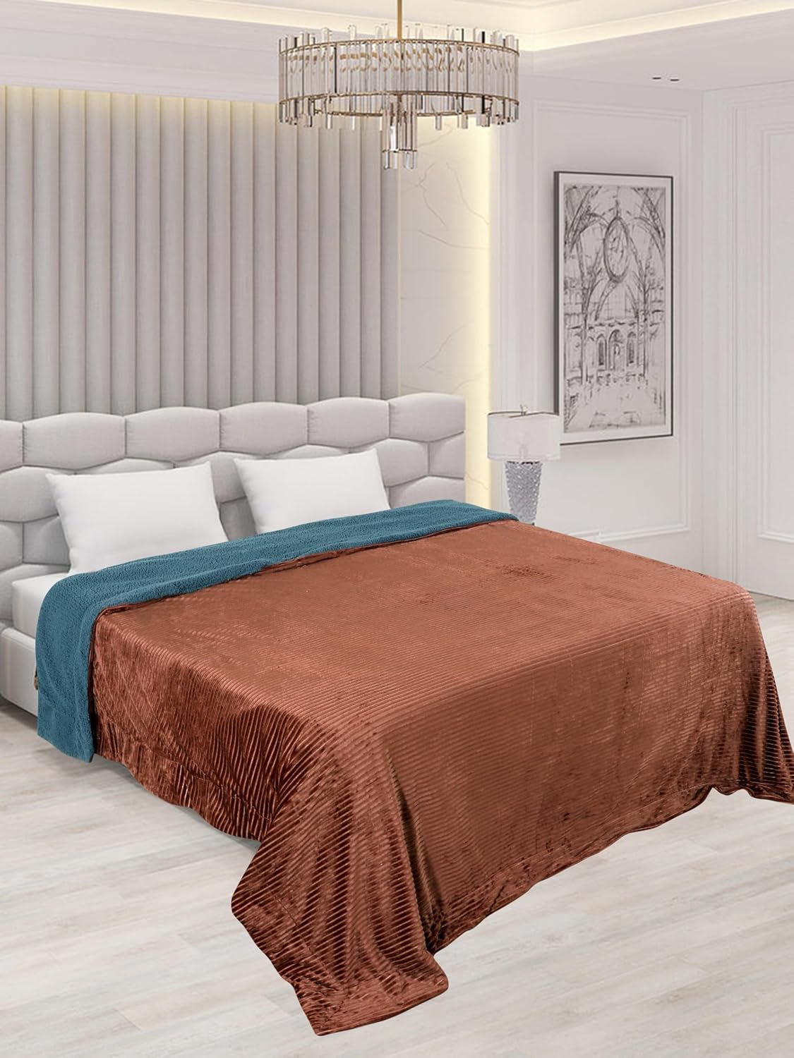 RD TREND Premium Blanket Double Bed/Mild Winter Sherpa Blanket Super Soft Stripe Flannel for Bed, Sofa, Couch, Camping and Travel (Brown)