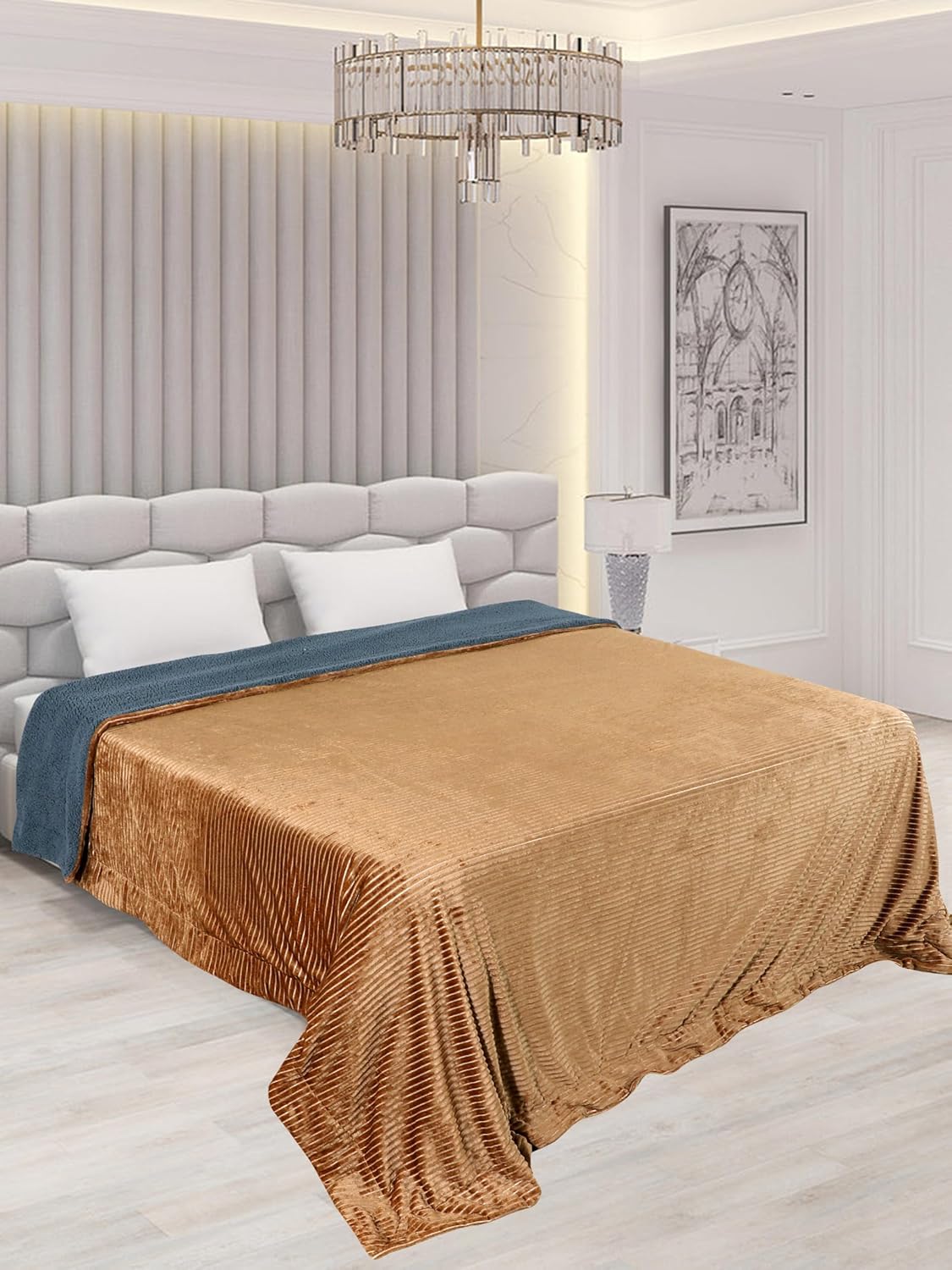 RD TREND Premium Blanket Double Bed/Mild Winter Sherpa Blanket Super Soft Stripe Flannel for Bed, Sofa, Couch, Camping and Travel (Mustard)