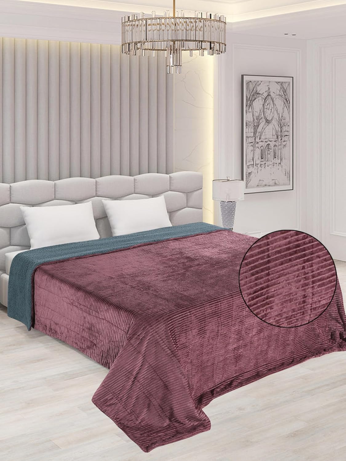 RD TREND Premium Blanket Double Bed/Mild Winter Sherpa Blanket Super Soft Stripe Flannel for Bed, Sofa, Couch, Camping and Travel (Wine)