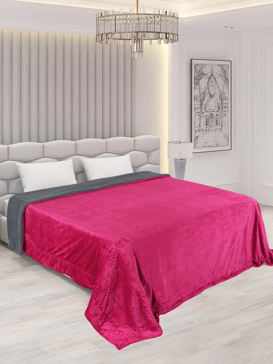 RD TREND Premium Blanket Double Bed/Mild Winter Sherpa Blanket Super Soft Stripe Flannel for Bed, Sofa, Couch, Camping and Travel (Magenta)