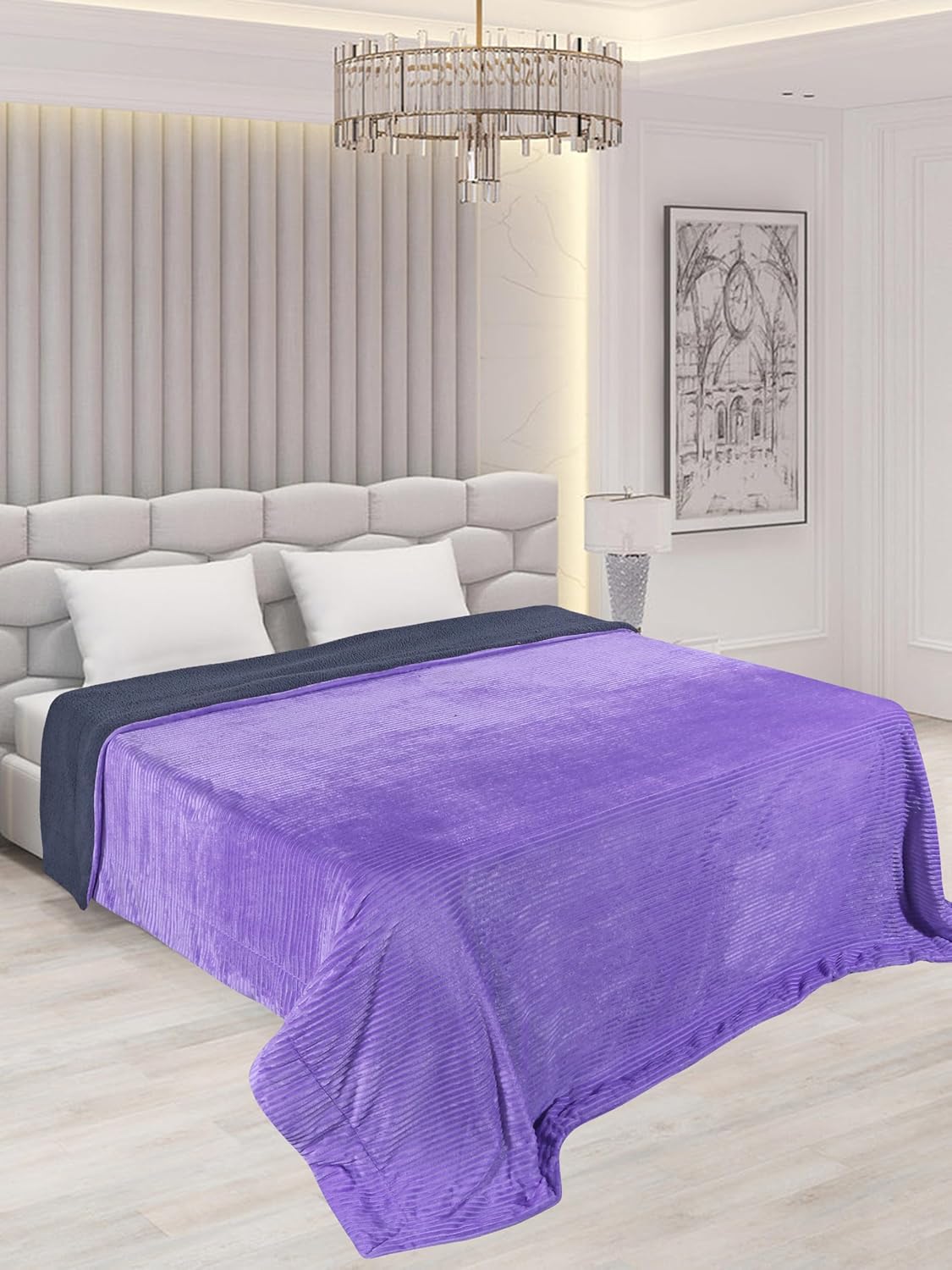 RD TREND Premium Blanket Double Bed/Mild Winter Sherpa Blanket Super Soft Stripe Flannel for Bed, Sofa, Couch, Camping and Travel (Lavender )