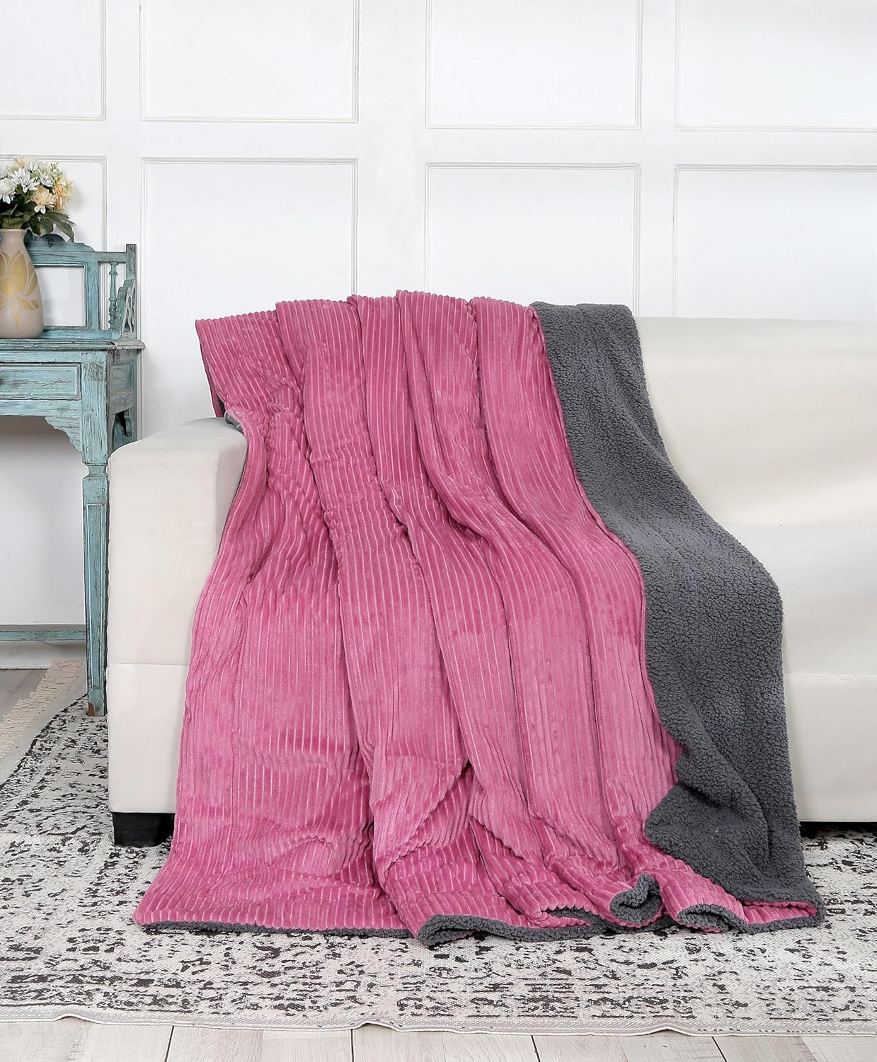 RD TREND Premium Blanket Double Bed/Mild Winter Sherpa Blanket Super Soft Stripe Flannel for Bed, Sofa, Couch, Camping and Travel (Pink)