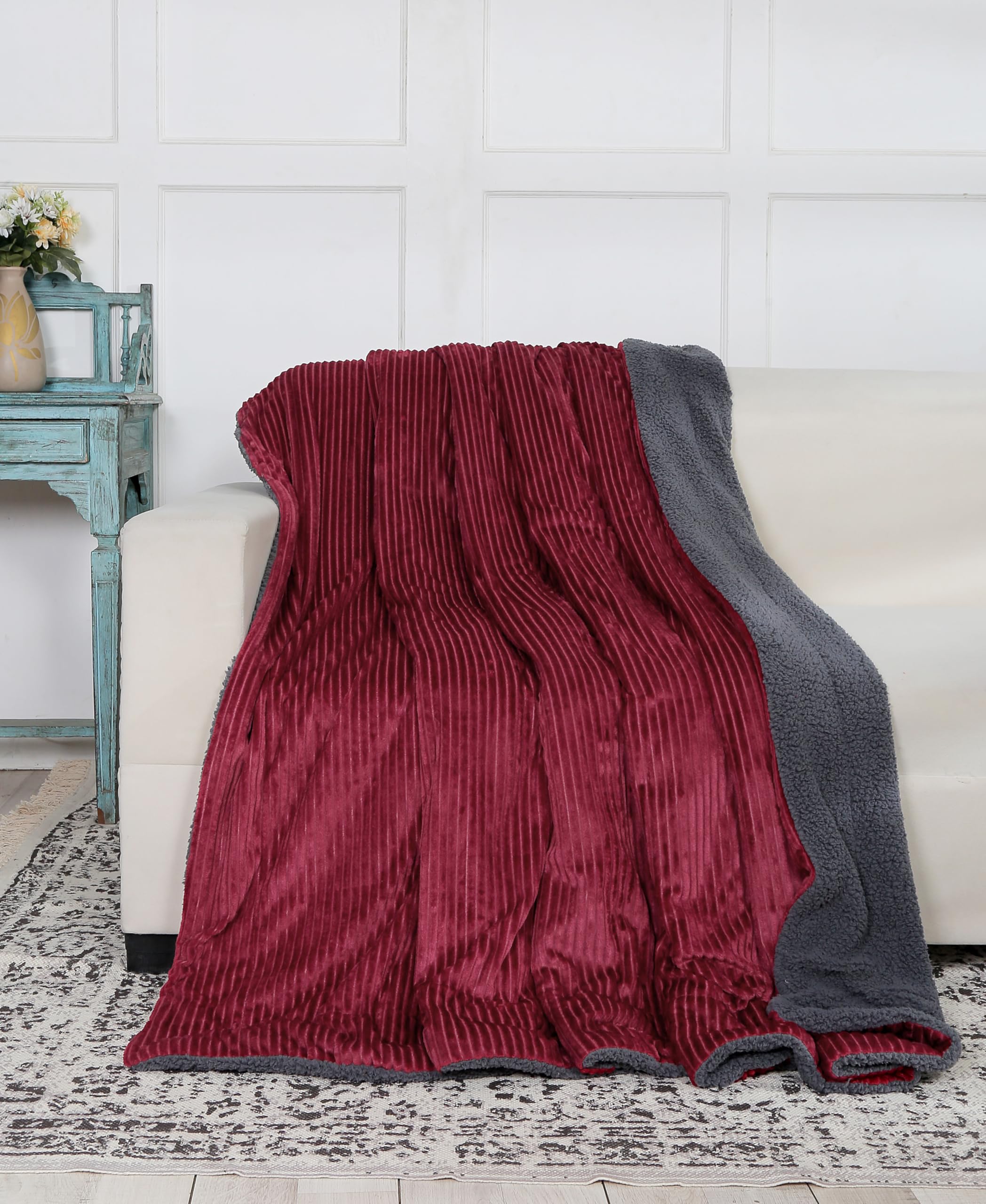 RD TREND Premium Blanket Double Bed/Mild Winter Sherpa Blanket Super Soft Stripe Flannel for Bed, Sofa, Couch, Camping and Travel (Maroon)