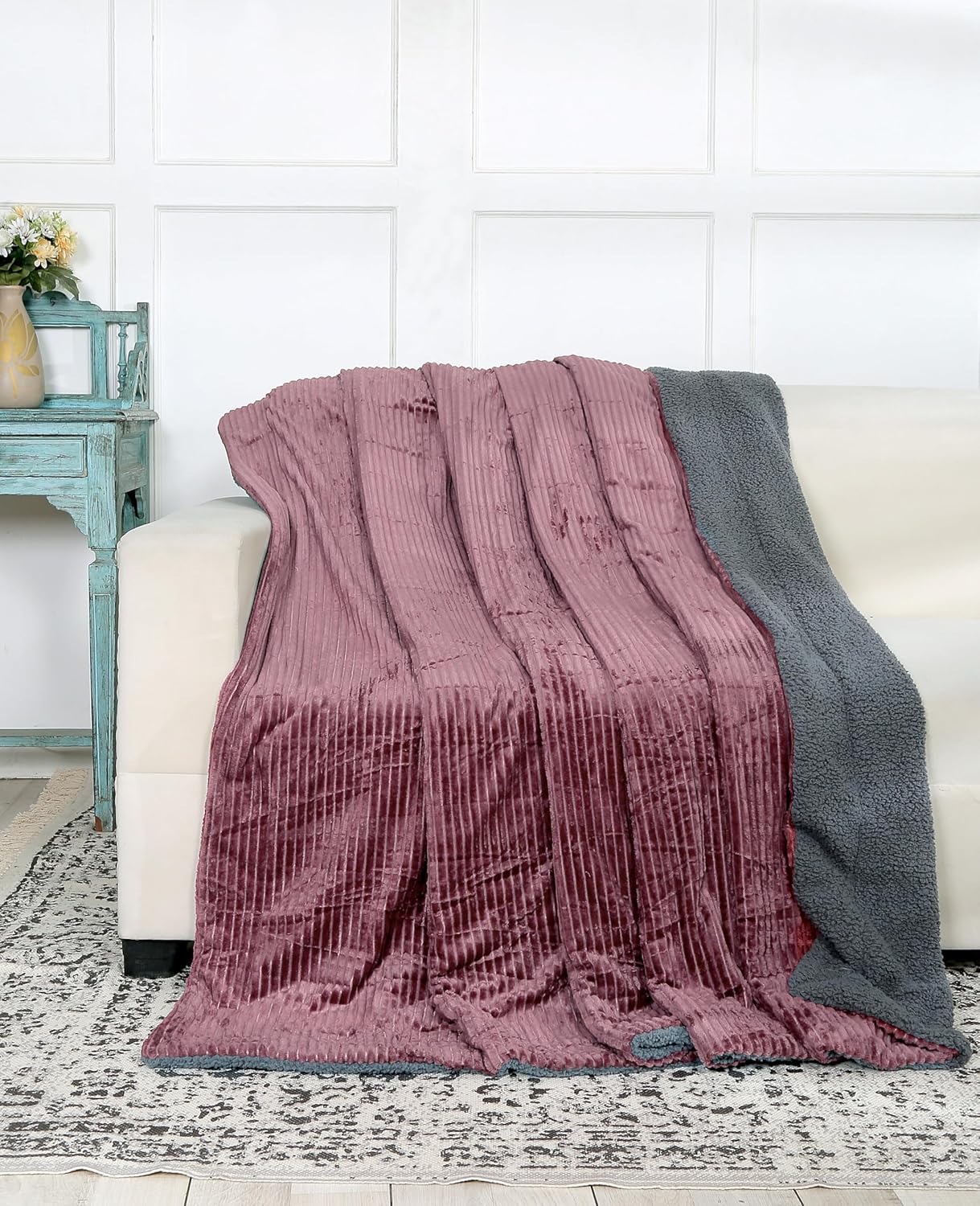 RD TREND Premium Blanket Double Bed/Mild Winter Sherpa Blanket Super Soft Stripe Flannel for Bed, Sofa, Couch, Camping and Travel (Wine)
