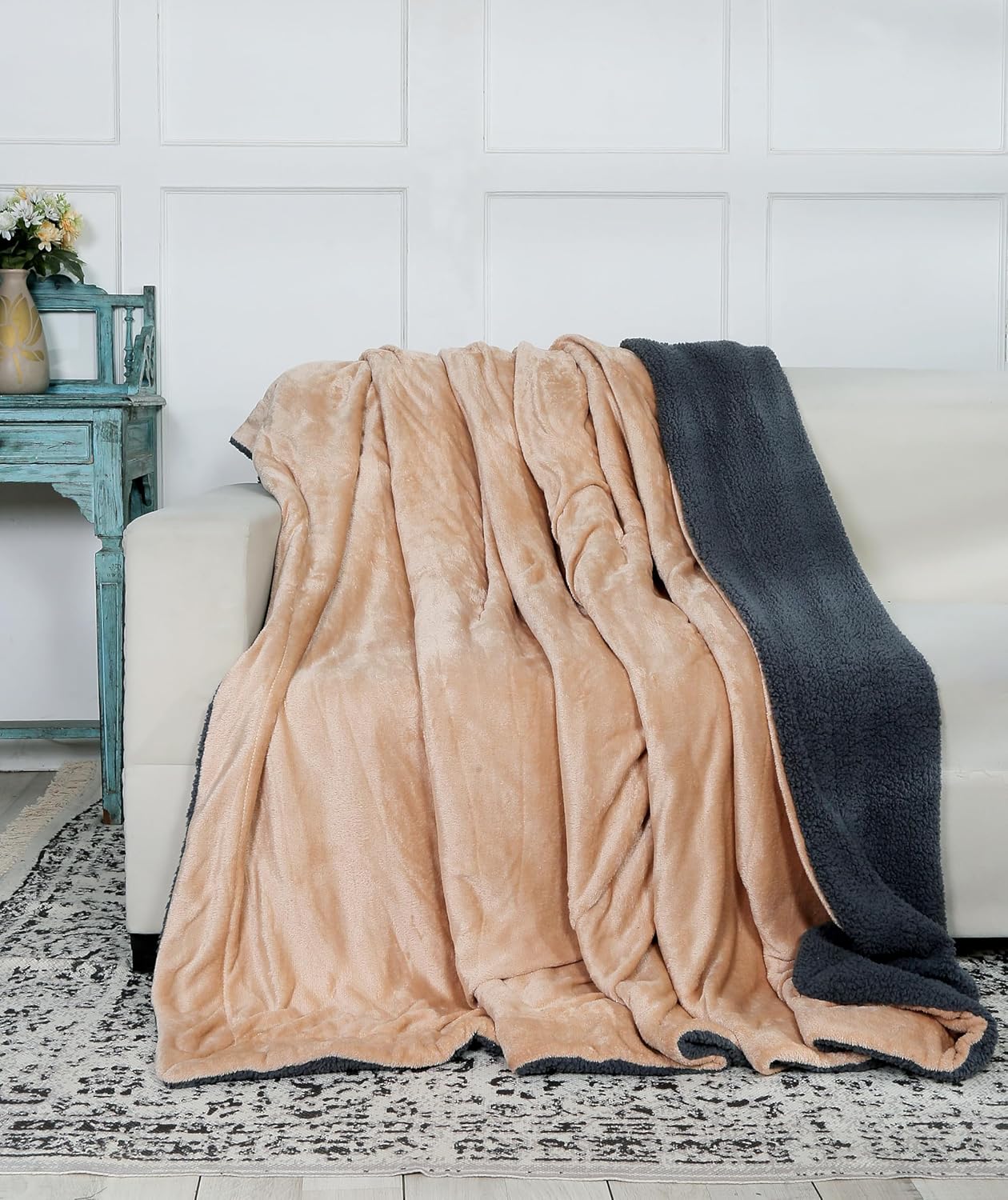 RD TREND Premium Double Bed/Mild Winter Sherpa Blanket Super Soft Flannel for Bed, Sofa, Couch, Camping and Travel (Plain) (Beige)