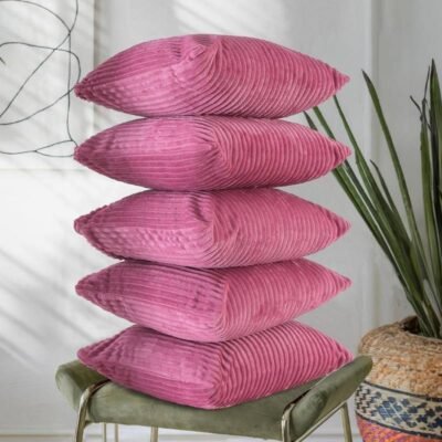 16 Inch x 16 Inch, Light Pink, Pack of 5, Cushion Cover Set of 5, Decorative Sofa Living Room Home Square Cushion Covers, Aesthetic Corduroy Striped Double Sided