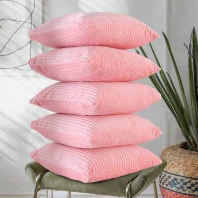 16 Inch x 16 Inch, Peach, Pack of 5, Cushion Cover Set of 5, Decorative Sofa Living Room Home Square Cushion Covers, Aesthetic Corduroy Striped Double Sided