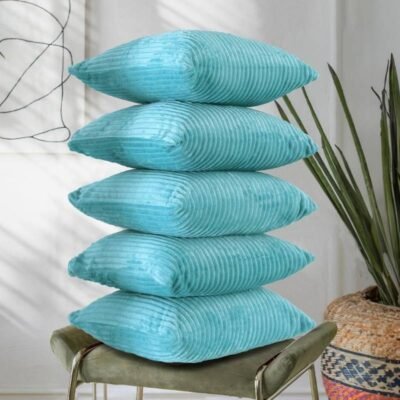 18 Inch x 18 Inch, Aqua, Pack of 5, Cushion Cover Set of 5, Decorative Sofa Living Room Home Square Cushion Covers, Aesthetic Corduroy Striped Double Sided