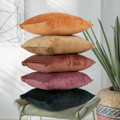 16 Inch x 16 Inch, Multicolor-3, Pack of 5, Cushion Cover Set of 5, Decorative Sofa Living Room Home Square Cushion Covers, Aesthetic Corduroy Striped Double Sided