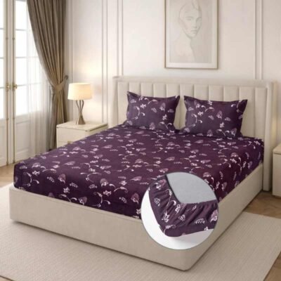 Cotton Fitted Floral Bedsheet for Double Bed King Fitted Dark Plum