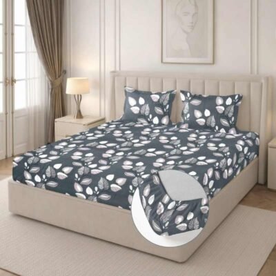 Cotton Fitted Floral Bedsheet for Double Bed King Fitted Grey