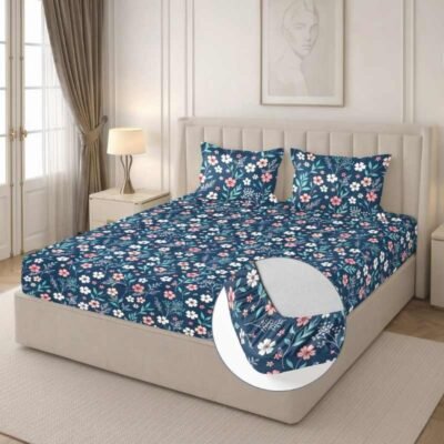 Cotton Fitted Floral Bedsheet for Double Bed King Fitted Midnight Blue