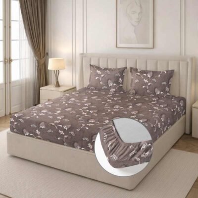 Cotton Fitted Floral Bedsheet for Double Bed King Fitted Mud Brown