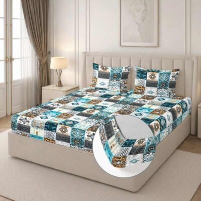 Cotton Fitted Floral Bedsheet for Double Bed King Fitted Multi Blue