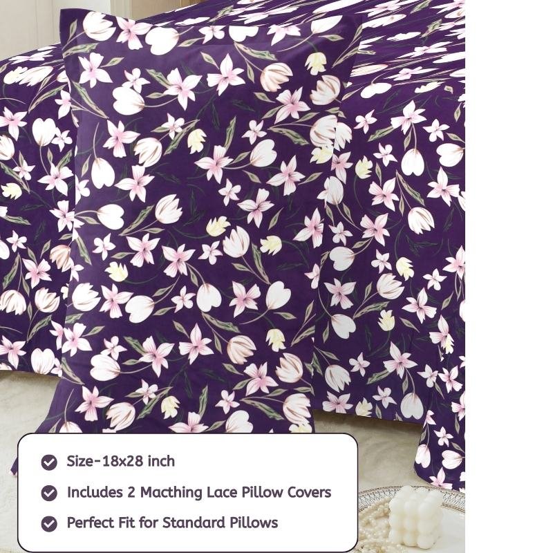 Cotton Fitted Floral Bedsheet for Double Bed King Fitted Plum Purple 1