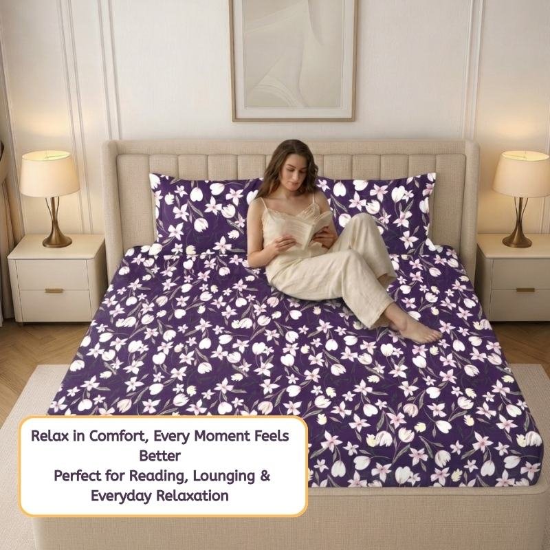 Cotton Fitted Floral Bedsheet for Double Bed King Fitted Plum Purple 2