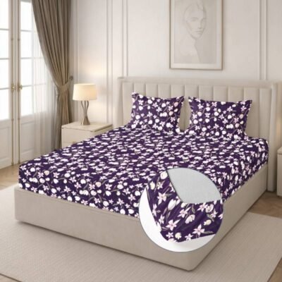 Cotton Fitted Floral Bedsheet for Double Bed King Fitted Plum Purple