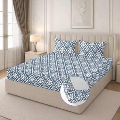 Cotton Fitted Floral Bedsheet for Double Bed King Fitted Slate Blue