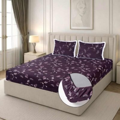 Cotton Fitted Floral Bedsheet for Double Bed Lace King Fitted Dark Plum