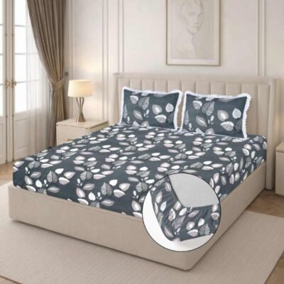Lace King Fitted(72x78x8 Inch), Charcoal Grey, Premium Cloud Cotton Floral Fitted Bedsheet for Double Bed King Size-72x78x8 Inches with 2 Aesthetic Lace Pillow Covers (18x28 Inch)| 210 TC Elastic All Around