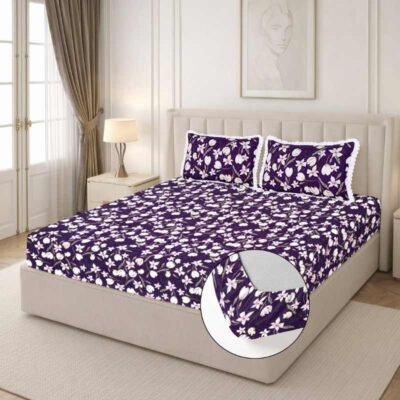 Cotton Fitted Floral Bedsheet for Double Bed Lace King Fitted Plum Purple