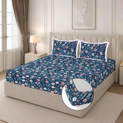 Cotton Fitted Floral Bedsheet for Double Bed Lace King Midnight Blue