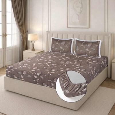 Cotton Fitted Floral Bedsheet for Double Bed Lace King Mud Brown