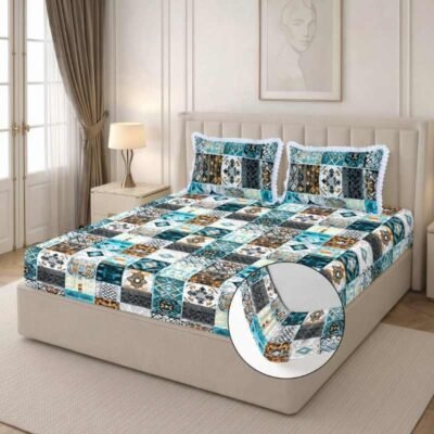 Lace King Fitted(72x78x8 Inch), Multi Blue, Premium Cloud Cotton Geometric Fitted Bedsheet for Double Bed King Size-72x78x8 Inches with 2 Aesthetic Lace Pillow Covers (18x28 Inch)| 210 TC Elastic All Around