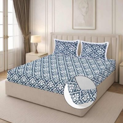 Cotton Fitted Floral Bedsheet for Double Bed Lace King Slate Blue