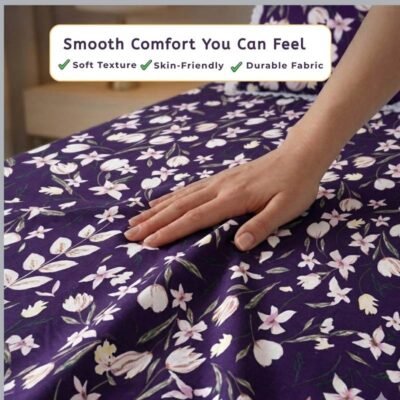 Cotton Fitted Floral Bedsheet for Double Bed Plum Purple 1