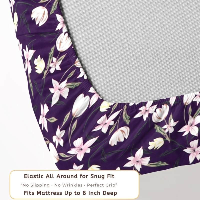 Cotton Fitted Floral Bedsheet for Double Bed Plum Purple 2