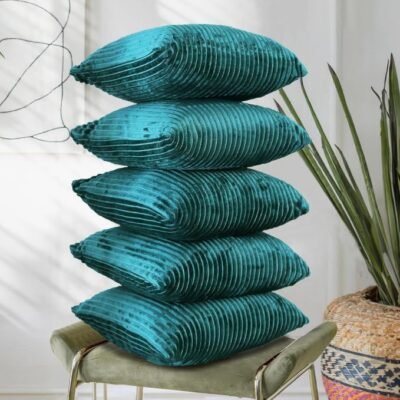 16 Inch x 16 Inch, Green, Pack of 5, Cushion Cover Set of 5, Decorative Sofa Living Room Home Square Cushion Covers, Aesthetic Corduroy Striped Double Sided