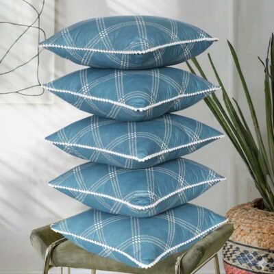 Cushion Covers Set of 5 Blue Check